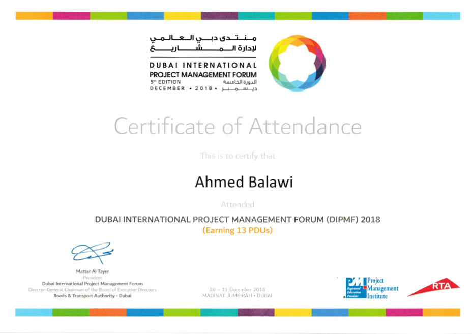 Dubai International PM Forum Certificate